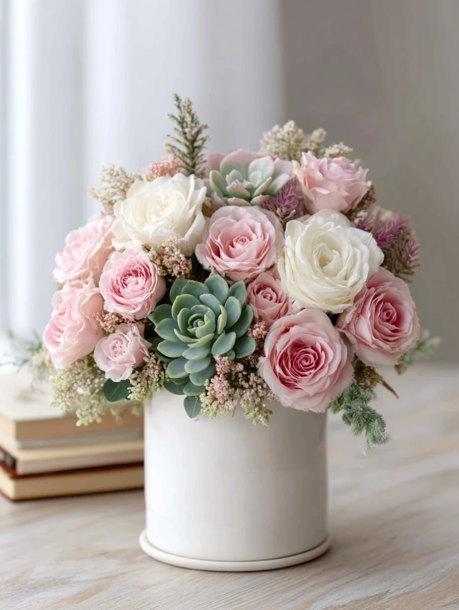Succulents, Roses, and Peonies in Stunning Flower Arrangements
