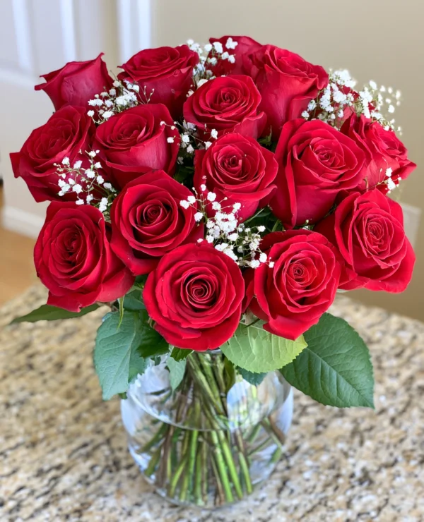 Dozen Red Roses with Baby Breath
