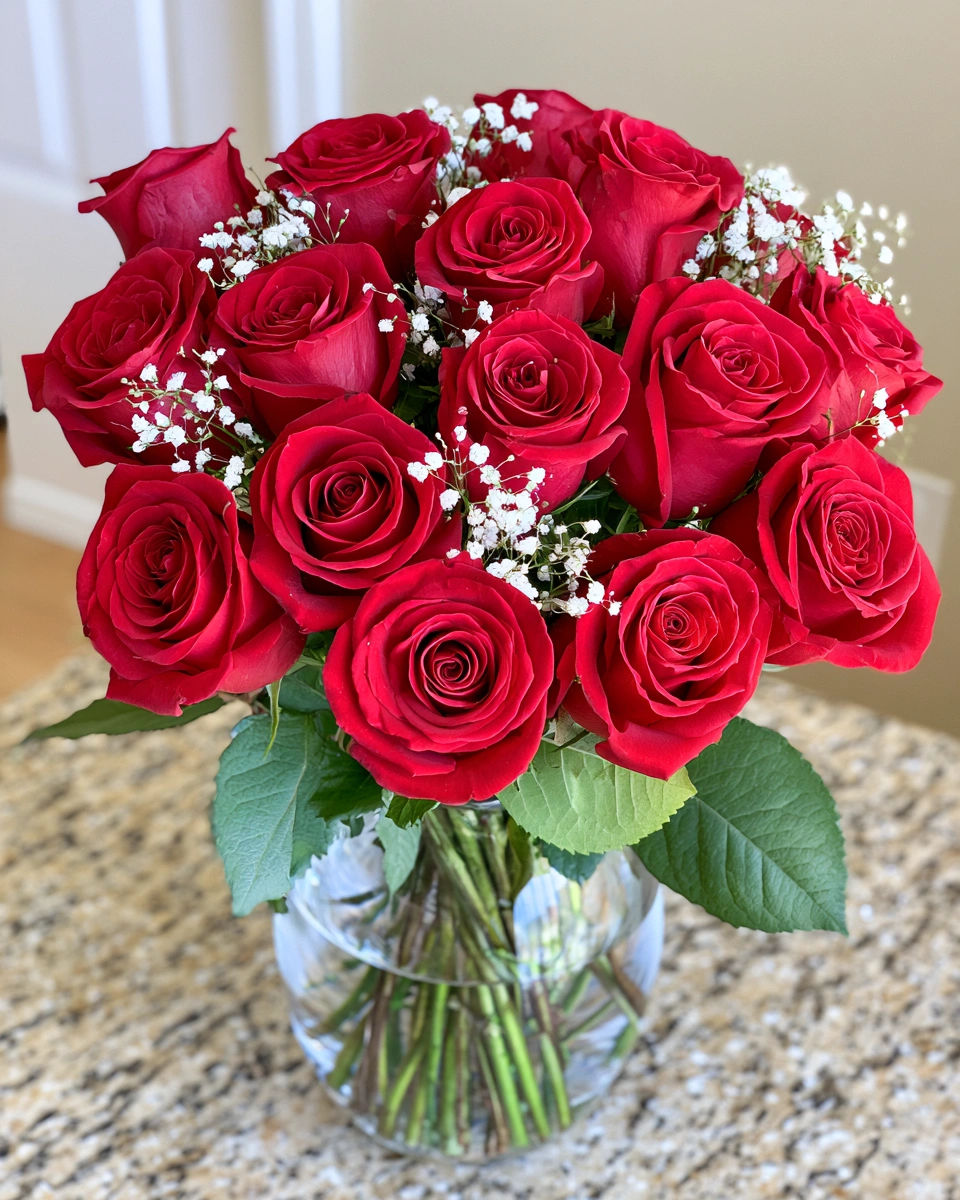 Dozen Red Roses with Baby Breath