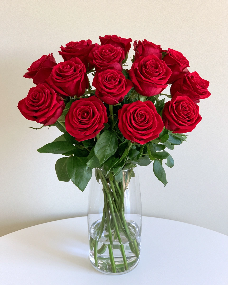 Dozen red roses in vase