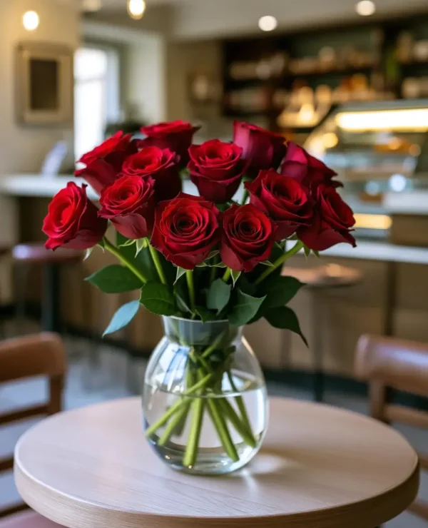 Dozen red roses in vase